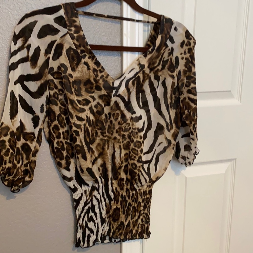 Animal print sheer blouse v neck